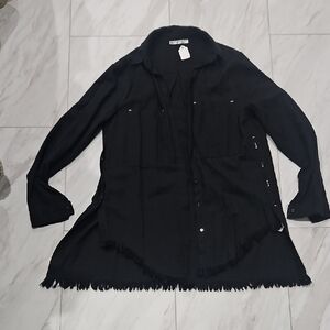 Elegant Black Button Down Shirt with Fringe Hem